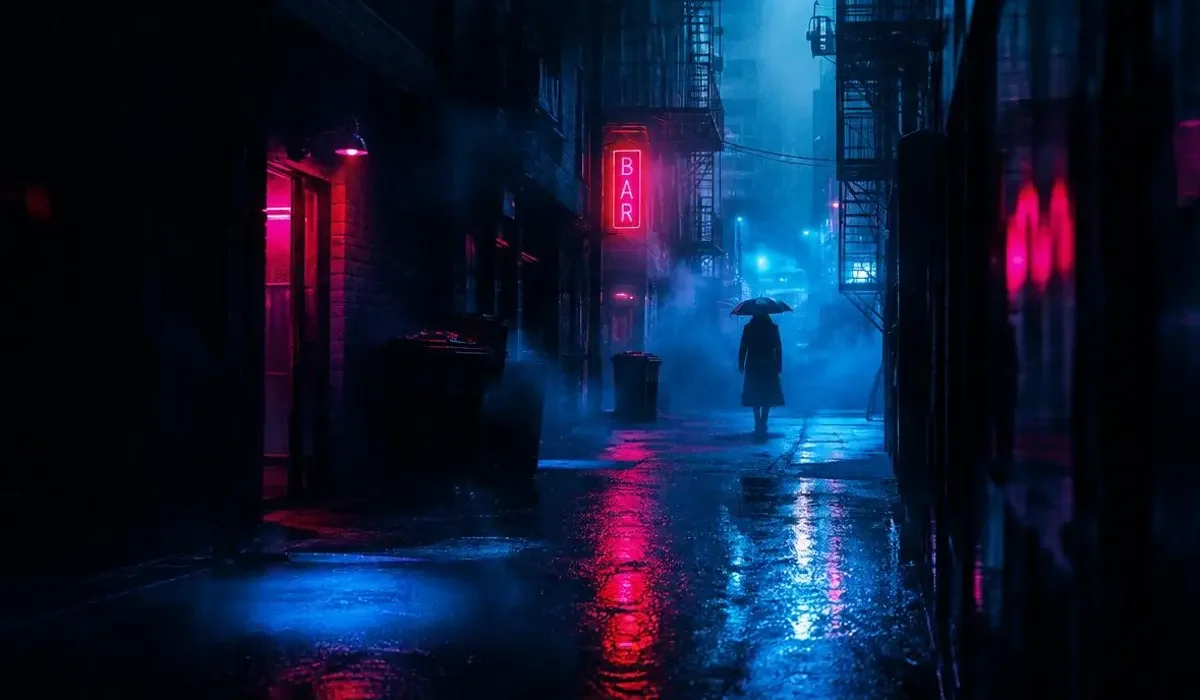 夜行悬疑专题封面：雨夜霓虹巷口的孤独身影