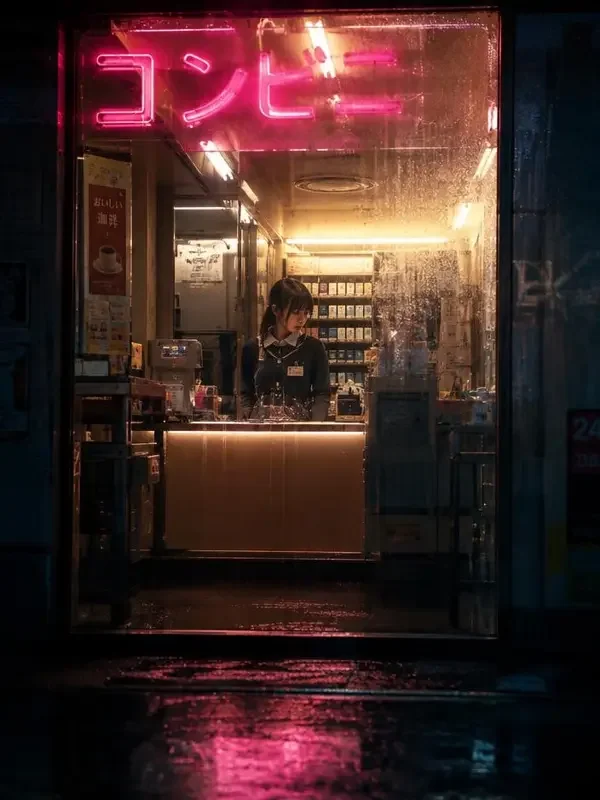 《午夜商店的贵客》短剧封面：雾夜里亮着霓虹的便利店